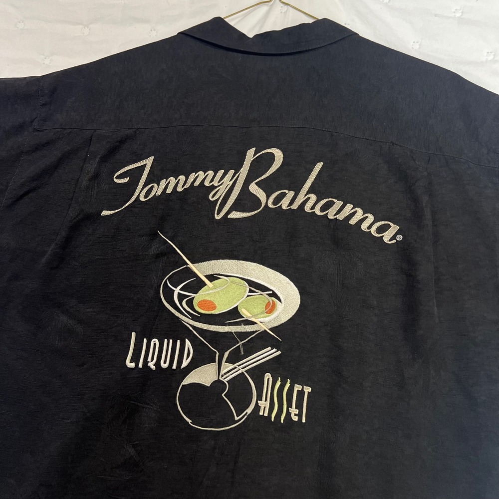 Tommy Bahama Liquid Asset Black 100% Silk Embroidered Martini Camp Shirt Large